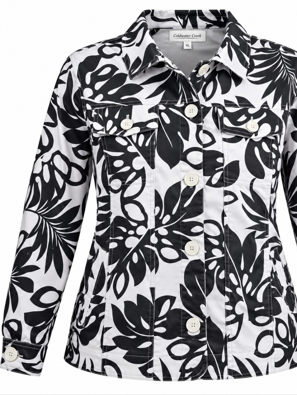 COLDWATER CREEK | Black White Tropical Leaf Cotton Stretch Boxy Jacket | XL